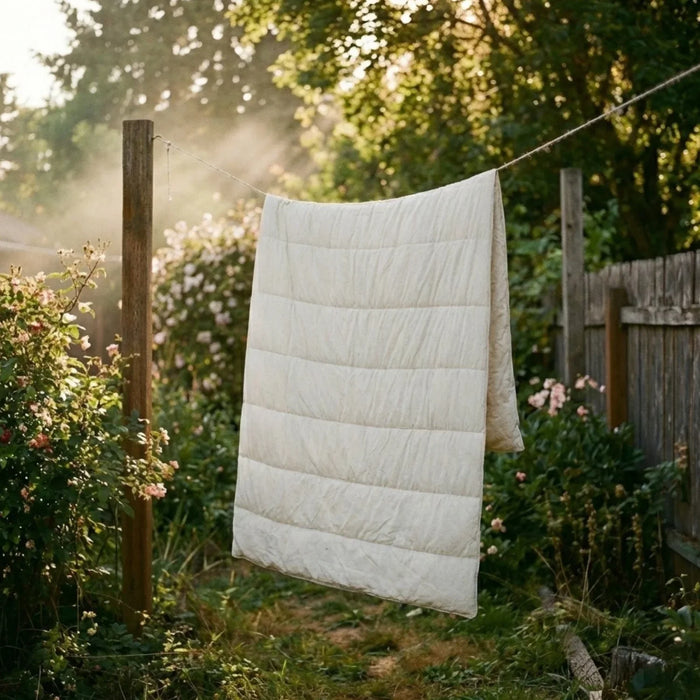 couette qui sèche dans un jardin 