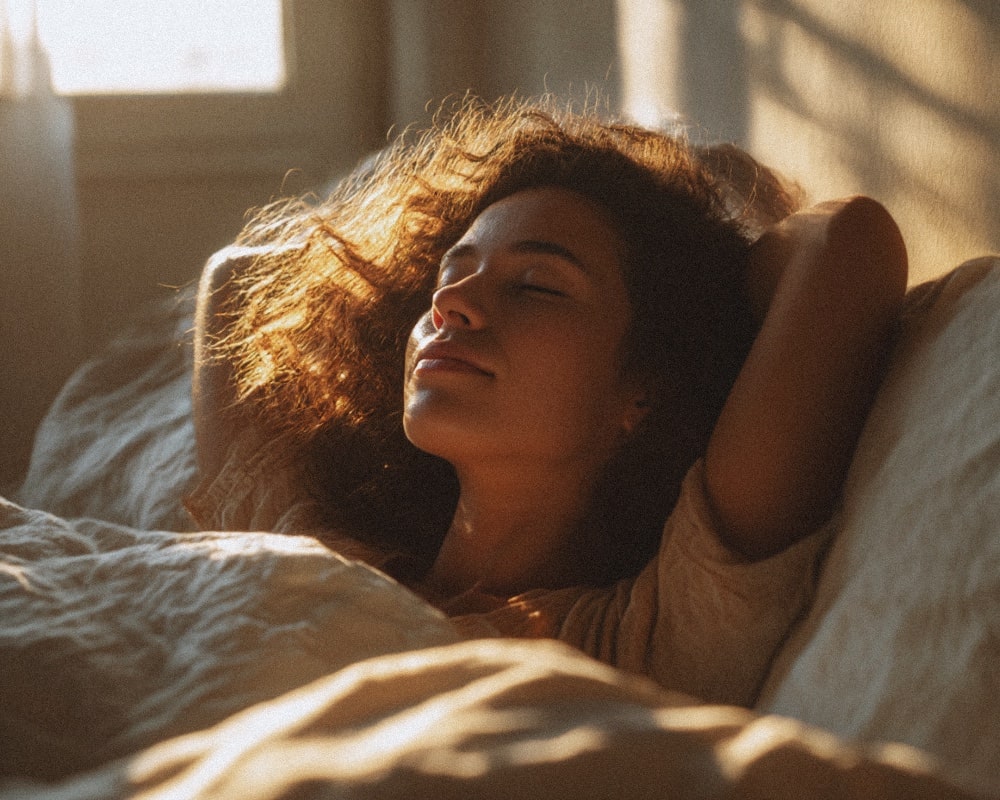 Femme qui dort profondément dans un lit avec le levé du jour